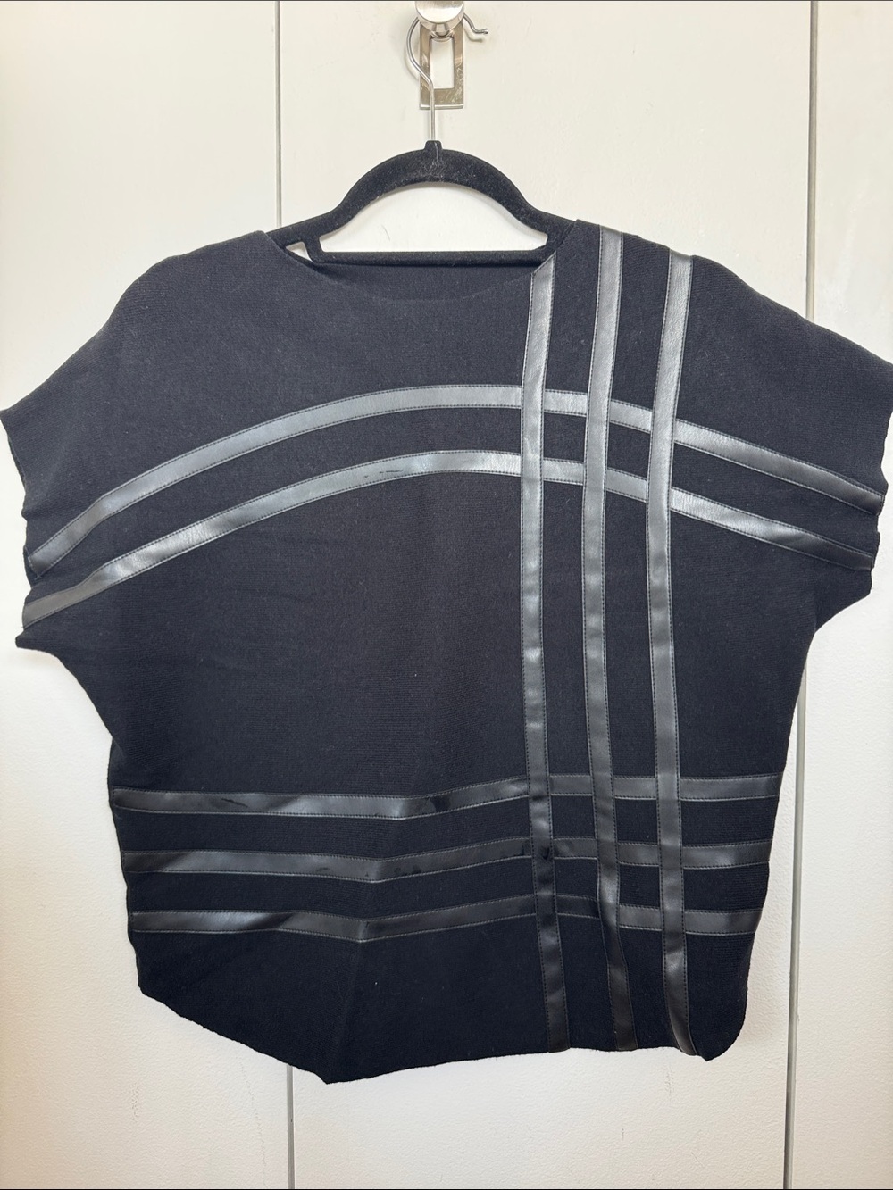 Black Women's Short Sleeve Sweater with Leather Stripe Detail